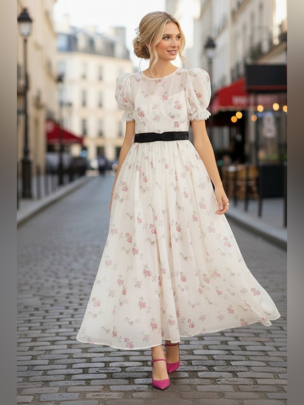198 • Elegant Floral Puff-Sleeve Maxi Dress With Pastel Flower Print